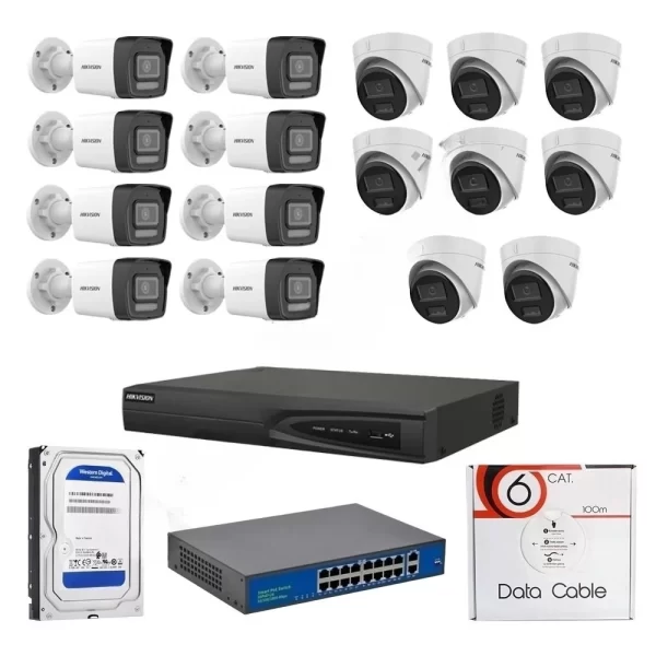 HİKVİSİON 16 KAMERALI 2 MP SMART HYBRİT COLOR MİKROFONLU İÇ DIŞ MEKAN İP KAMERA SETİ
