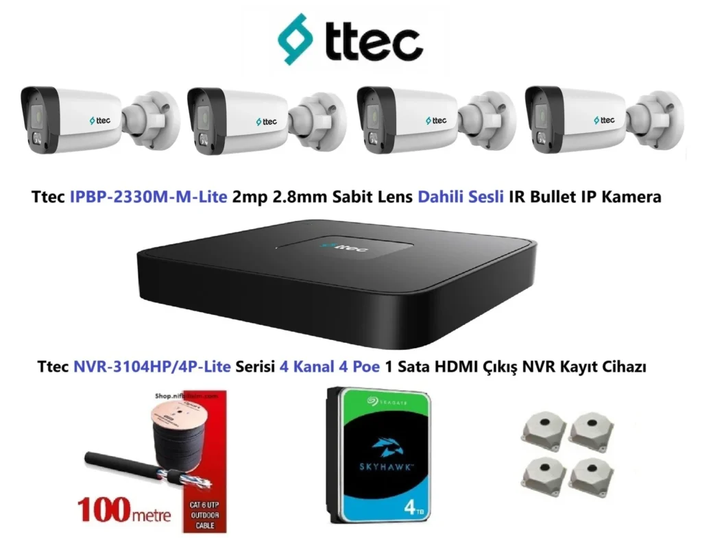Ttec 2mp Mikrofonlu 4 Kameralı 4TB Disk Tak Çalıştır Hazır IP Kamera Seti