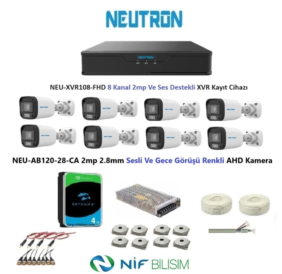 Neutron 2mp 8 kameralı Gece Renkli Sesli Dış ortam AHD Full Kamera Seti 4TB Disk NEU-AB120-28-CA