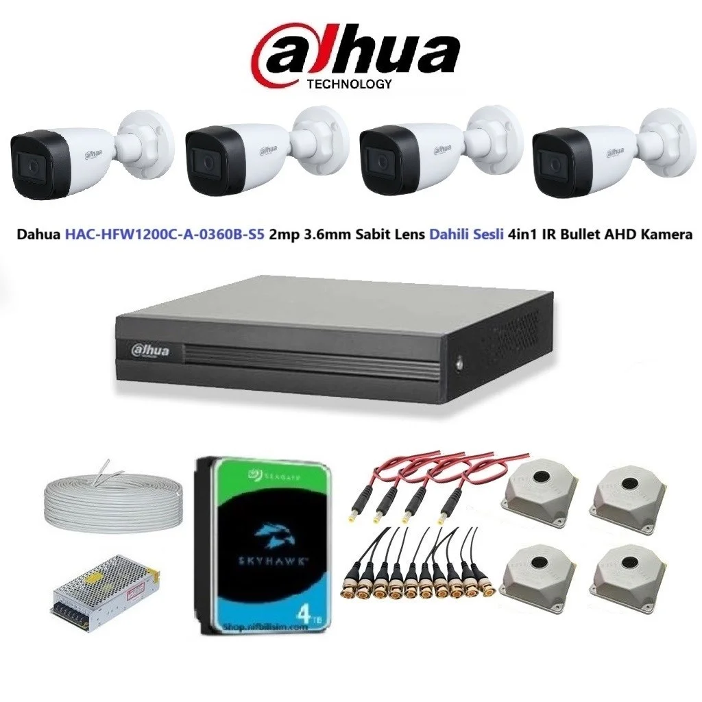 Dahua 2mp 4 kameralı Dış Ortam Dahili Sesli Full Kamera Seti 4TB Disk HAC-HFW1200C-A-0360B
