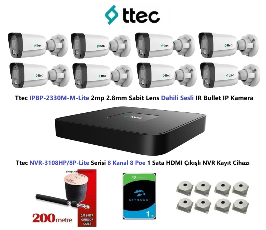 Ttec 2mp Mikrofonlu 8 Kameralı 1TB Disk Tak Çalıştır Hazır IP Kamera Seti