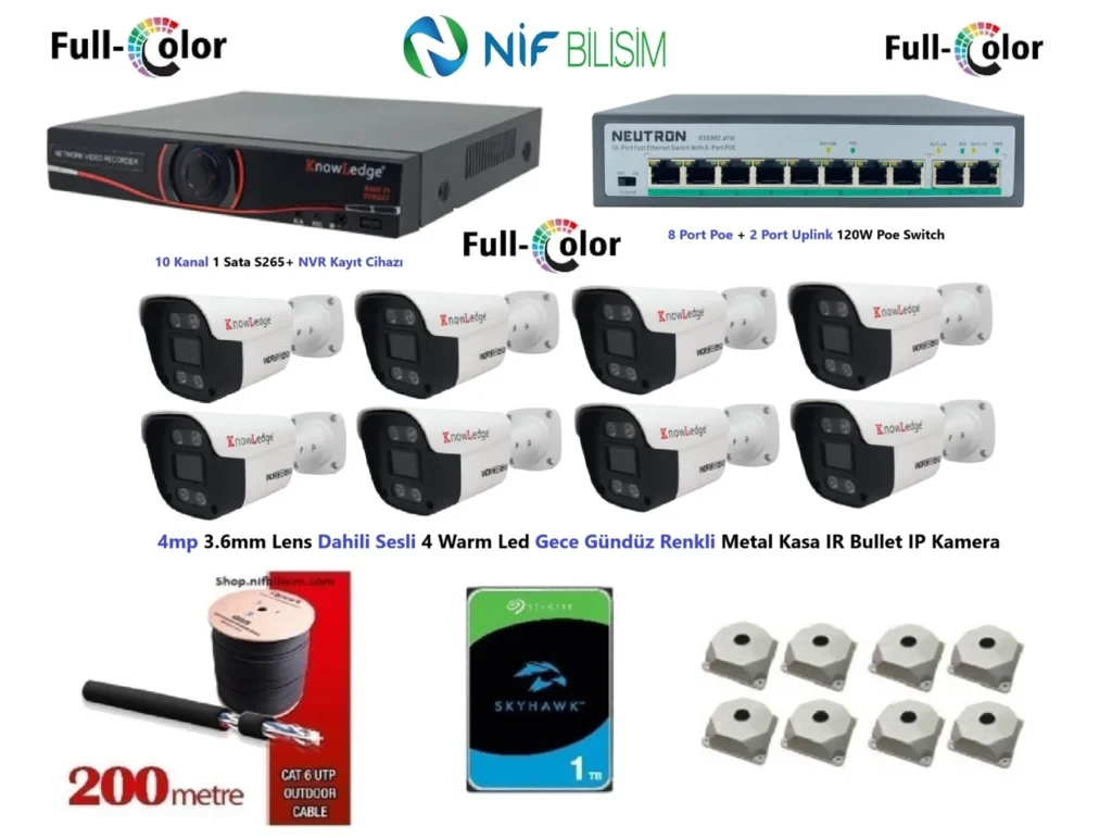 Knowledge 4mp Dahili Sesli Ve Gece Renkli 8 Kameralı 1TB Disk Tak Çalıştır Hazır IP Kamera Seti