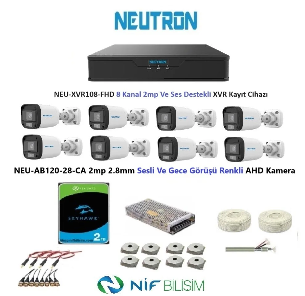 Neutron 2mp 8 kameralı Gece Renkli Sesli Dış ortam AHD Full Kamera Seti 2TB Disk NEU-AB120-28-CA