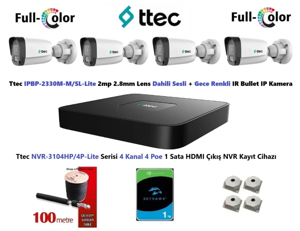 Ttec 2mp Dahili Sesli Ve Gece Renkli 4 Kameralı 1TB Disk Tak Çalıştır Hazır IP Kamera Seti