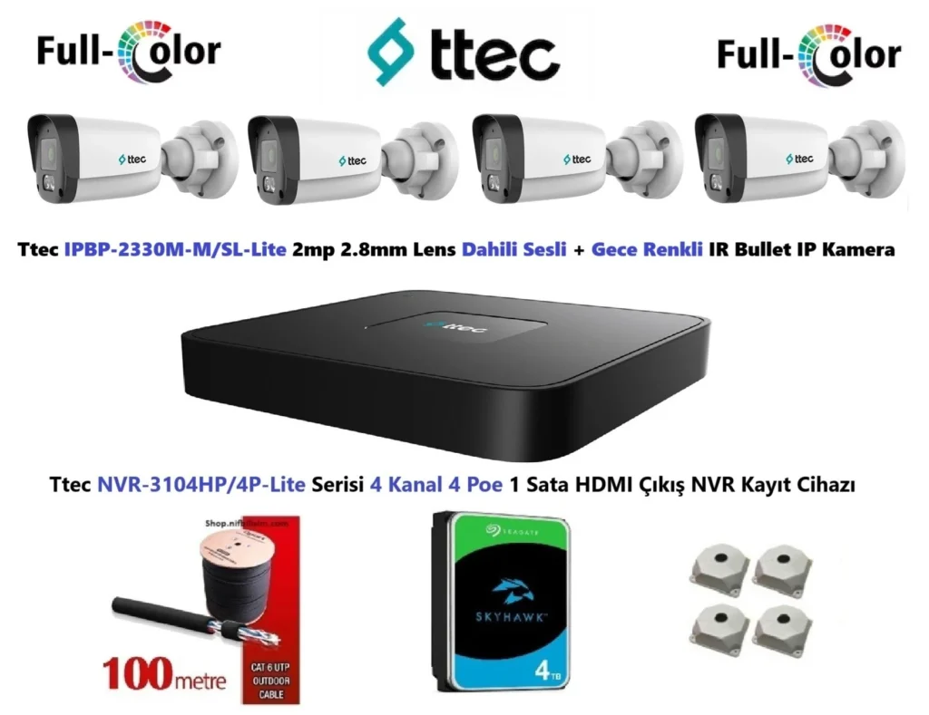 Ttec 2mp Dahili Sesli Ve Gece Renkli 4 Kameralı 4TB Disk Tak Çalıştır Hazır IP Kamera Seti