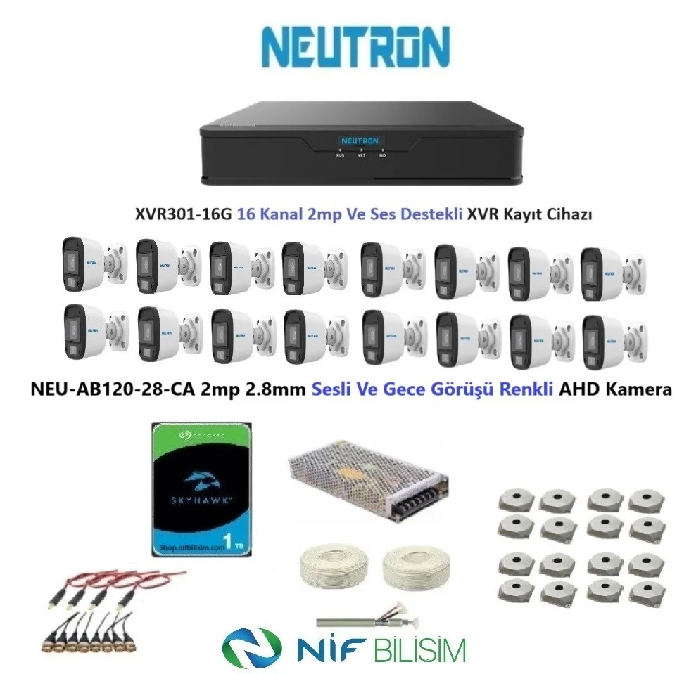 Neutron 2mp 16 kameralı Gece Renkli Sesli Dış ortam AHD Full Kamera Seti 1TB Disk NEU-AB120-28-CA