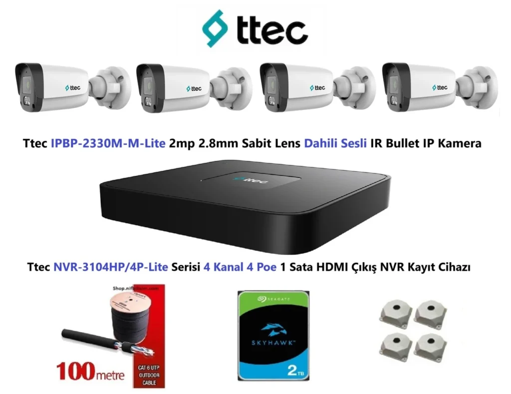 Ttec 2mp Mikrofonlu 4 Kameralı 2TB Disk Tak Çalıştır Hazır IP Kamera Seti