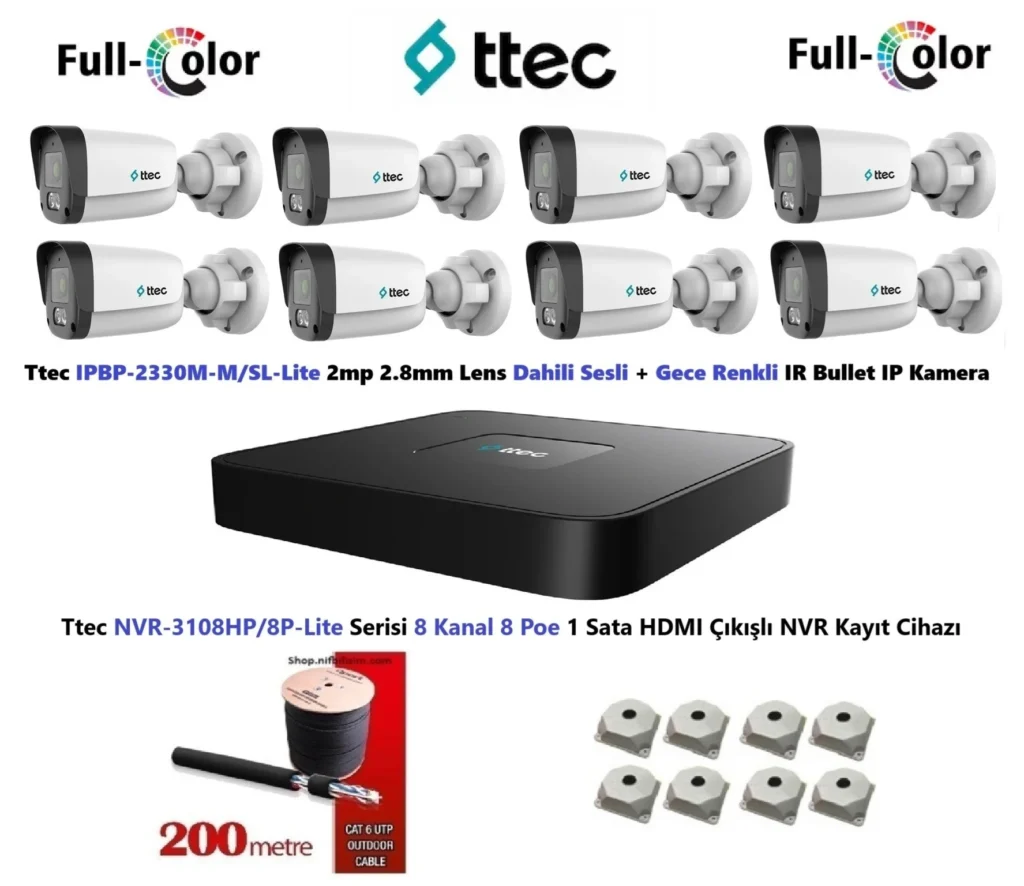 Ttec 2mp Dahili Sesli Ve Gece Renkli 8 Kameralı Tak Çalıştır Hazır IP Kamera Seti Disk Yoktur